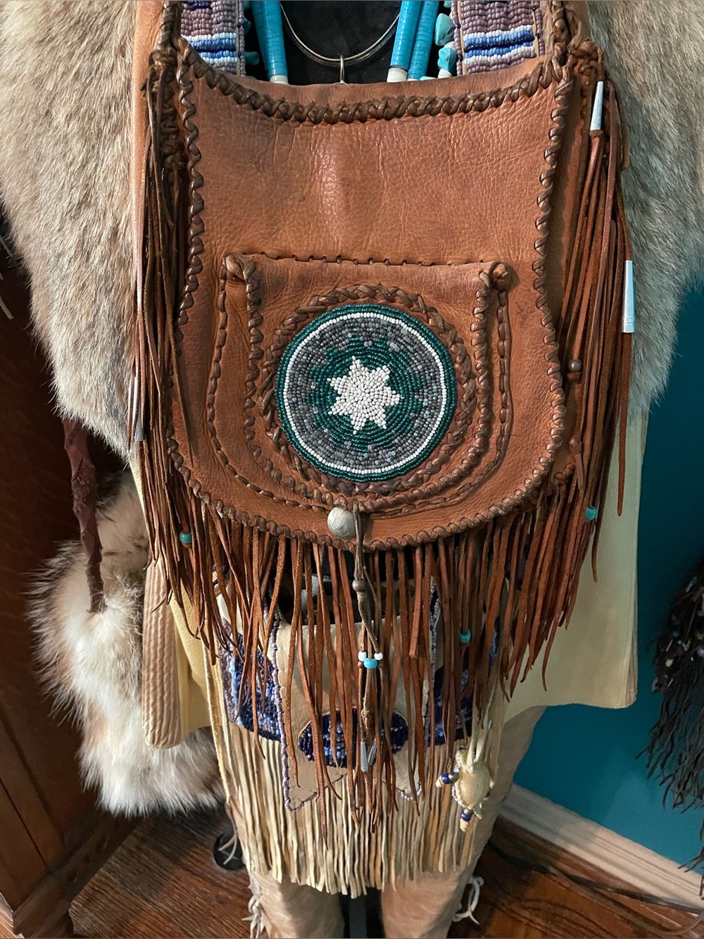Handmade Brown Leather Fringe Crossbody Bag with Beaded Star Medallion